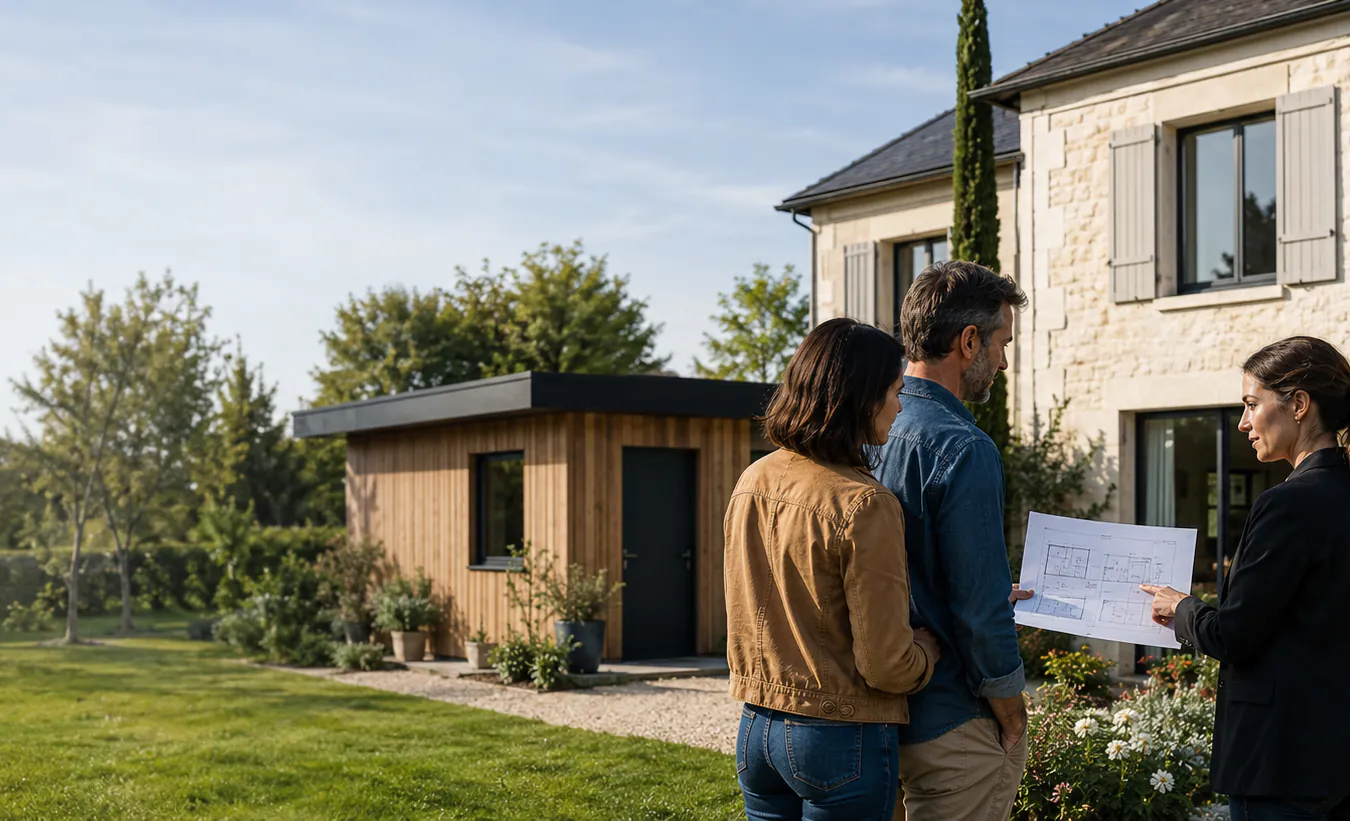 Un abri de jardin en bois au fond d'un jardin, commenté par une architecte à un couple