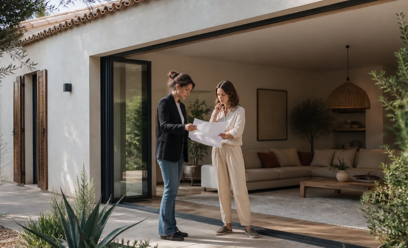 Une architecte et une propriétaire examinent la transformation d'un garage d'une maison du sud de la France au jardin minéral