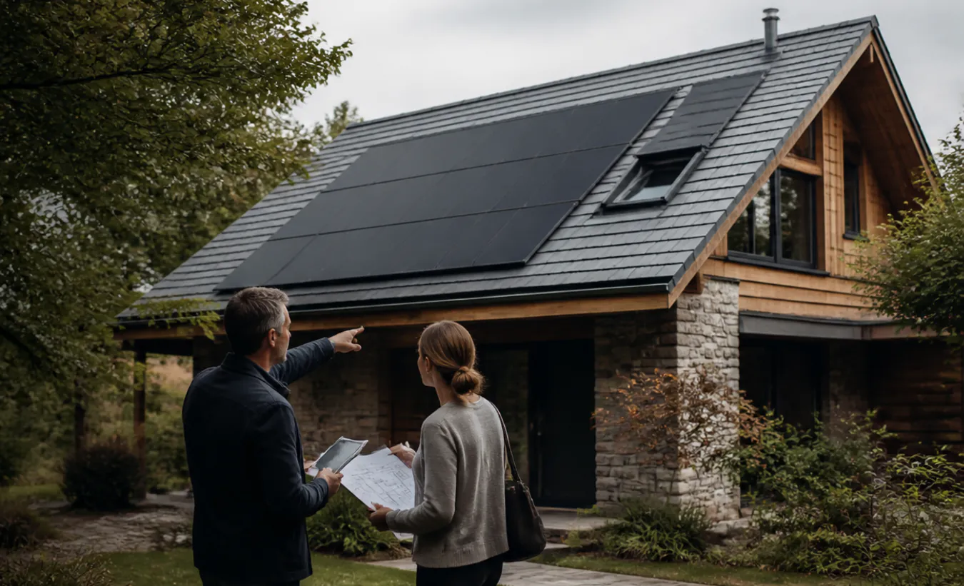 Un architecte et une propriétaire vérifient des panneaux solaires sur une maison de montagne au toit fortement pentu
