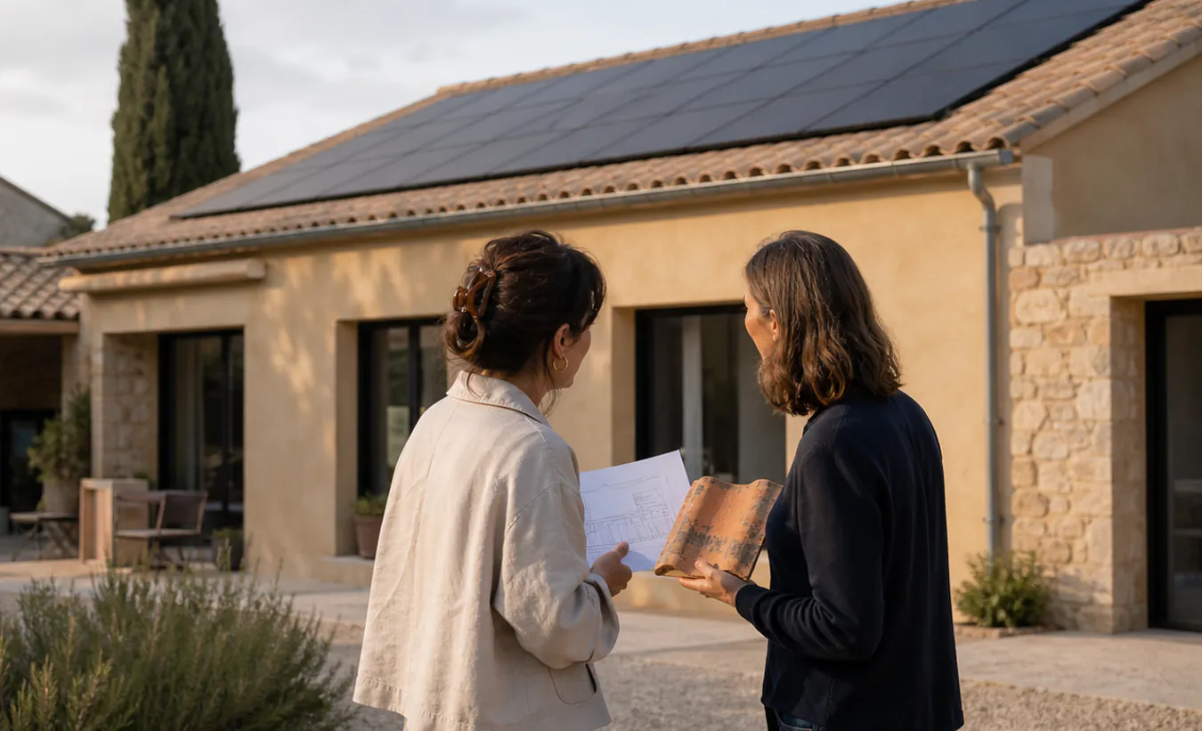 Une architecte observe des panneaux solaires intégrés à une toiture en tuiles creuses