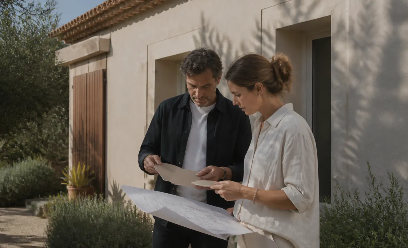 Un architecte et une propriétaire préparent le ravalement d'une maison du sud de la France au jardin minéral