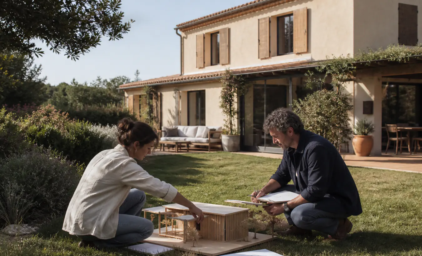 Une architecte et une propriétaire positionnent un abri de jardin près d'une maison du sud-ouest aux tuiles de terre cuite