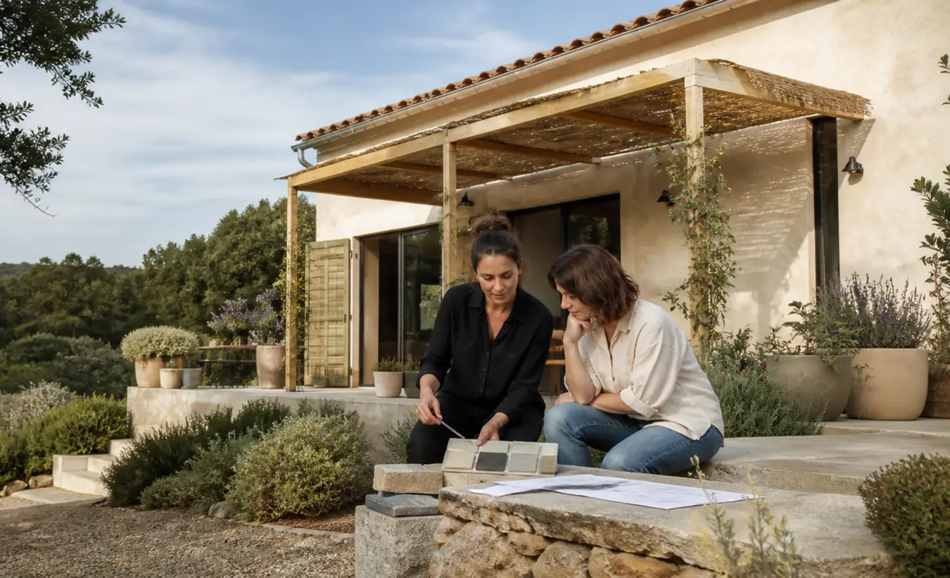 Une architecte et un propriétaire examinent une terrasse avec pergola devant une maison méditerranéenne aux tuiles de terre cuite