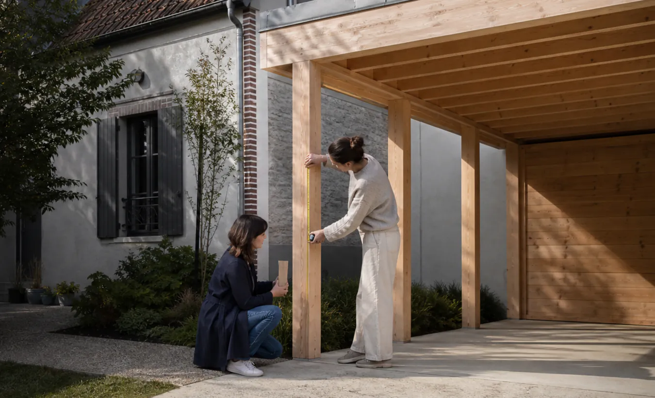 Une architecte et un propriétaire mesurent un carport en bois près d'une maison d'Île-de-France avec un jardin compact