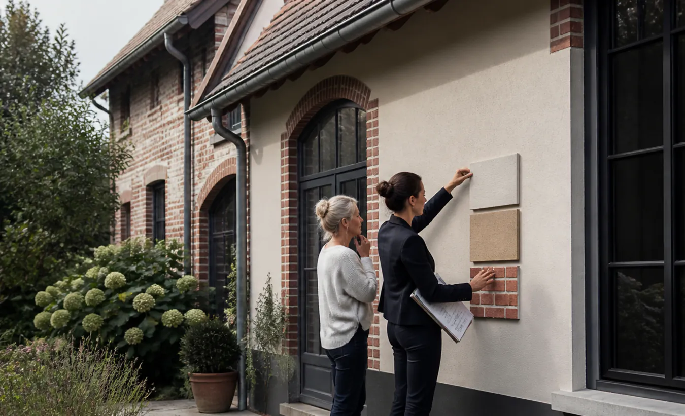 Une architecte et une propriétaire comparent des matériaux de façade devant une maison du nord en brique et enduit clair