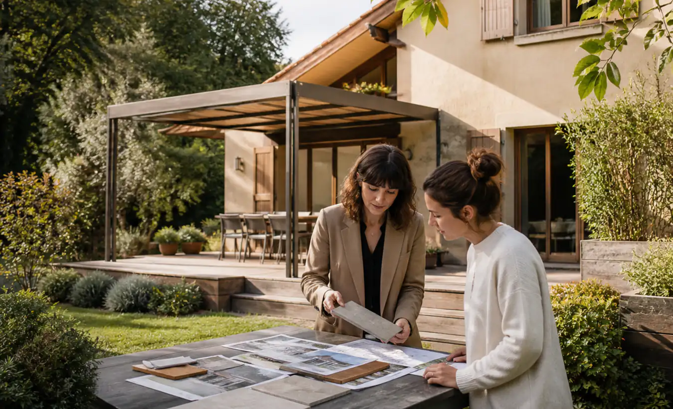 Une architecte et un propriétaire examinent une terrasse avec pergola devant une maison du sud-ouest aux tuiles de terre cuite