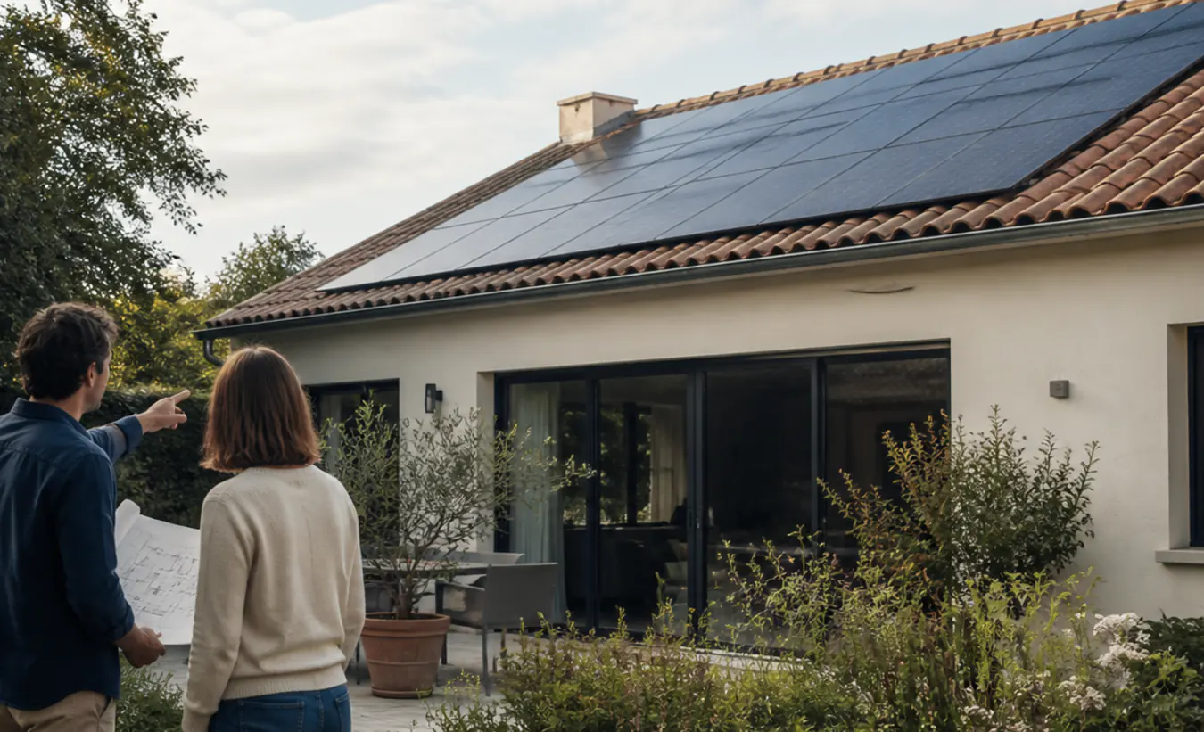 Un architecte et une propriétaire vérifient des panneaux solaires sur une maison française au jardin arboré