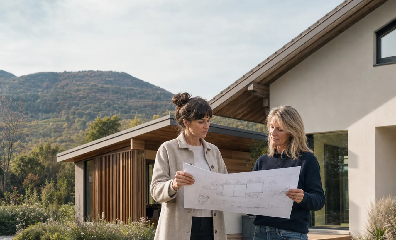 Une architecte présente une petite annexe devant une maison à toit pentu et grand débord
