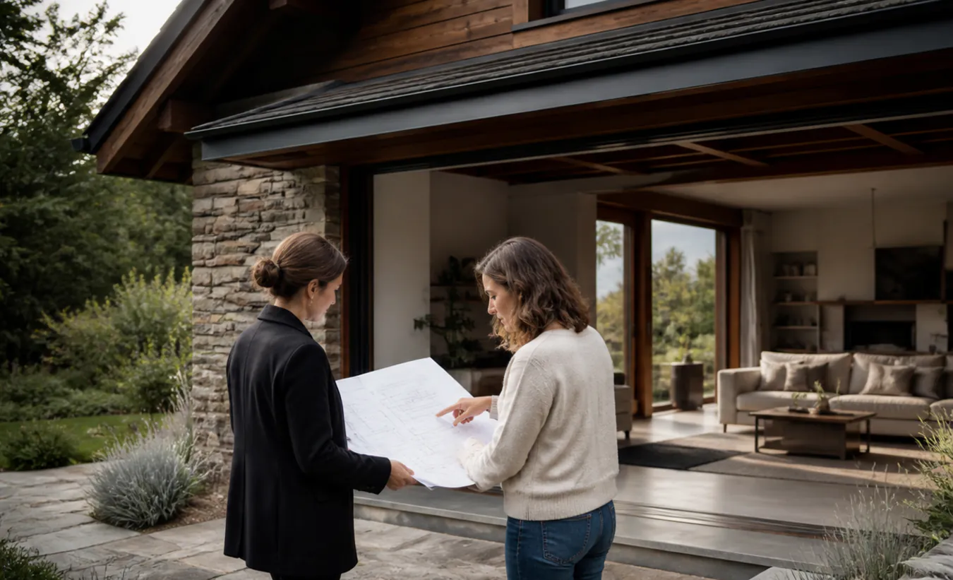 Une architecte et une propriétaire examinent la transformation d'un garage d'une maison des Alpes ou du Jura en pierre et bois