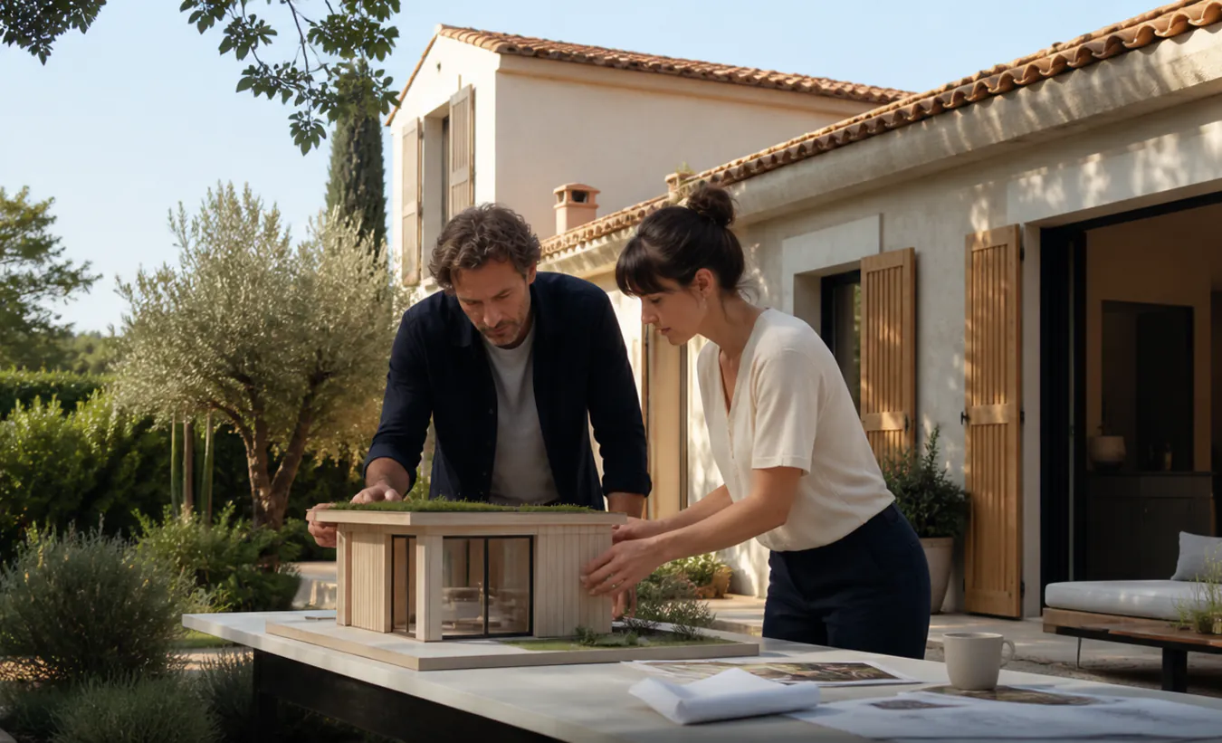 Une architecte et une propriétaire positionnent un abri de jardin près d'une maison du sud de la France au jardin minéral