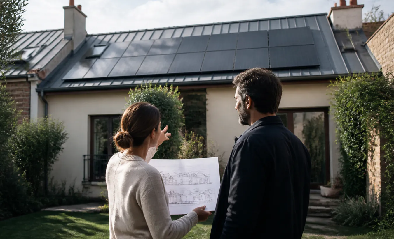 Un architecte et une propriétaire vérifient des panneaux solaires sur une maison d'Île-de-France avec un jardin compact