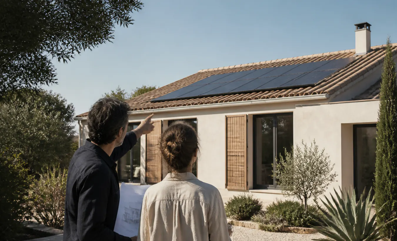 Un architecte et une propriétaire vérifient des panneaux solaires sur une maison du sud de la France au jardin minéral