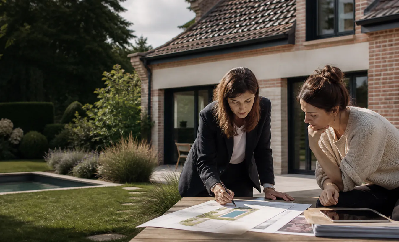 Une architecte et une propriétaire étudient une piscine dans le jardin d'une maison du nord en brique et enduit clair