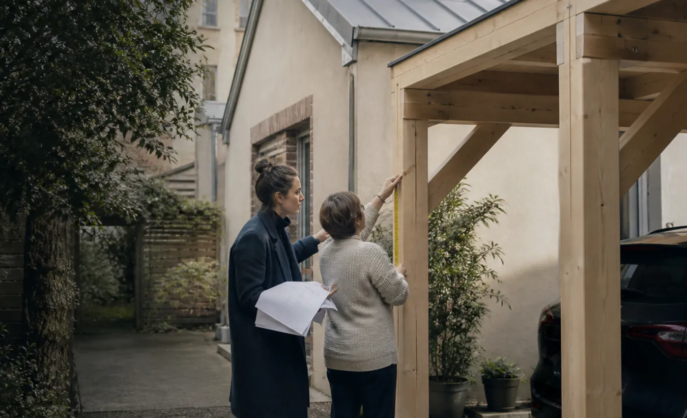 Une architecte et un propriétaire mesurent un carport en bois près d'une maison d'Île-de-France avec un jardin compact
