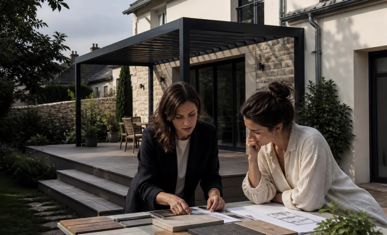 Une architecte et un propriétaire examinent une terrasse avec pergola devant une maison francilienne en brique et enduit clair