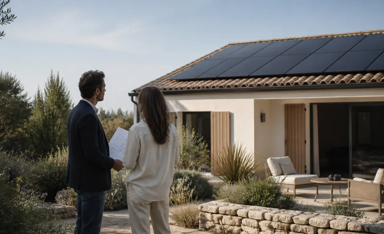 Un architecte et une propriétaire vérifient des panneaux solaires sur une maison méditerranéenne aux tuiles de terre cuite