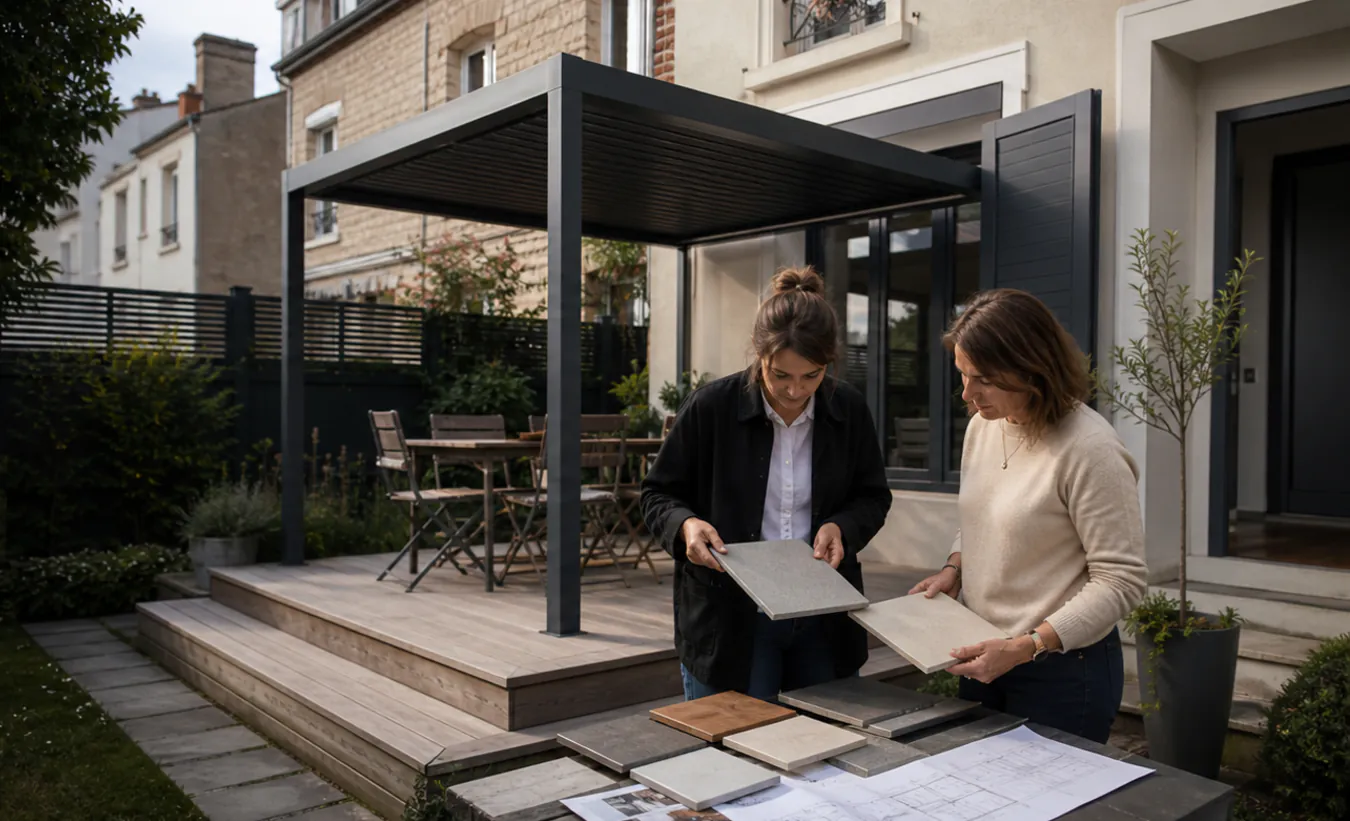 Une architecte et un propriétaire examinent une terrasse avec pergola devant une maison d'Île-de-France avec un jardin compact