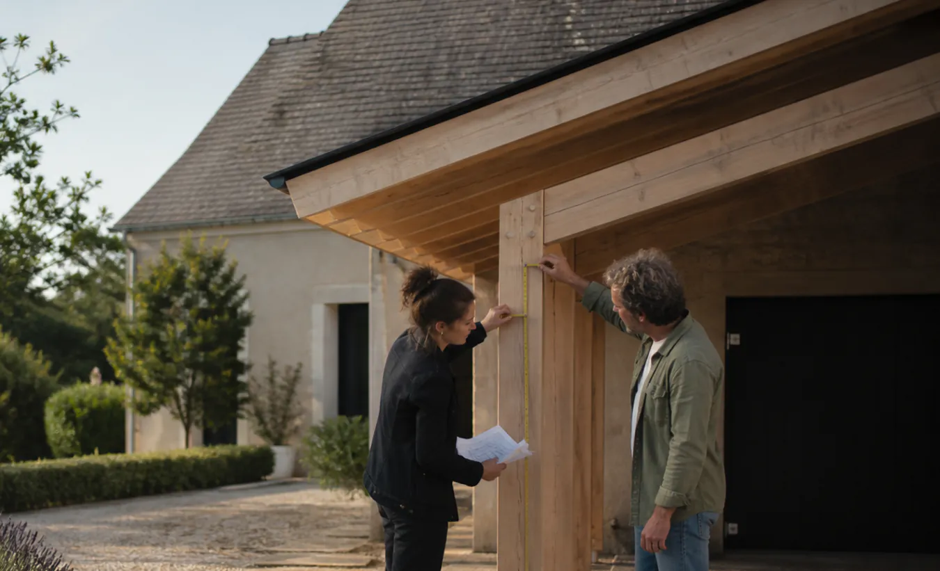 Une architecte et un propriétaire mesurent un carport en bois près d'une maison de l'intérieur de la France en pierre et enduit clair
