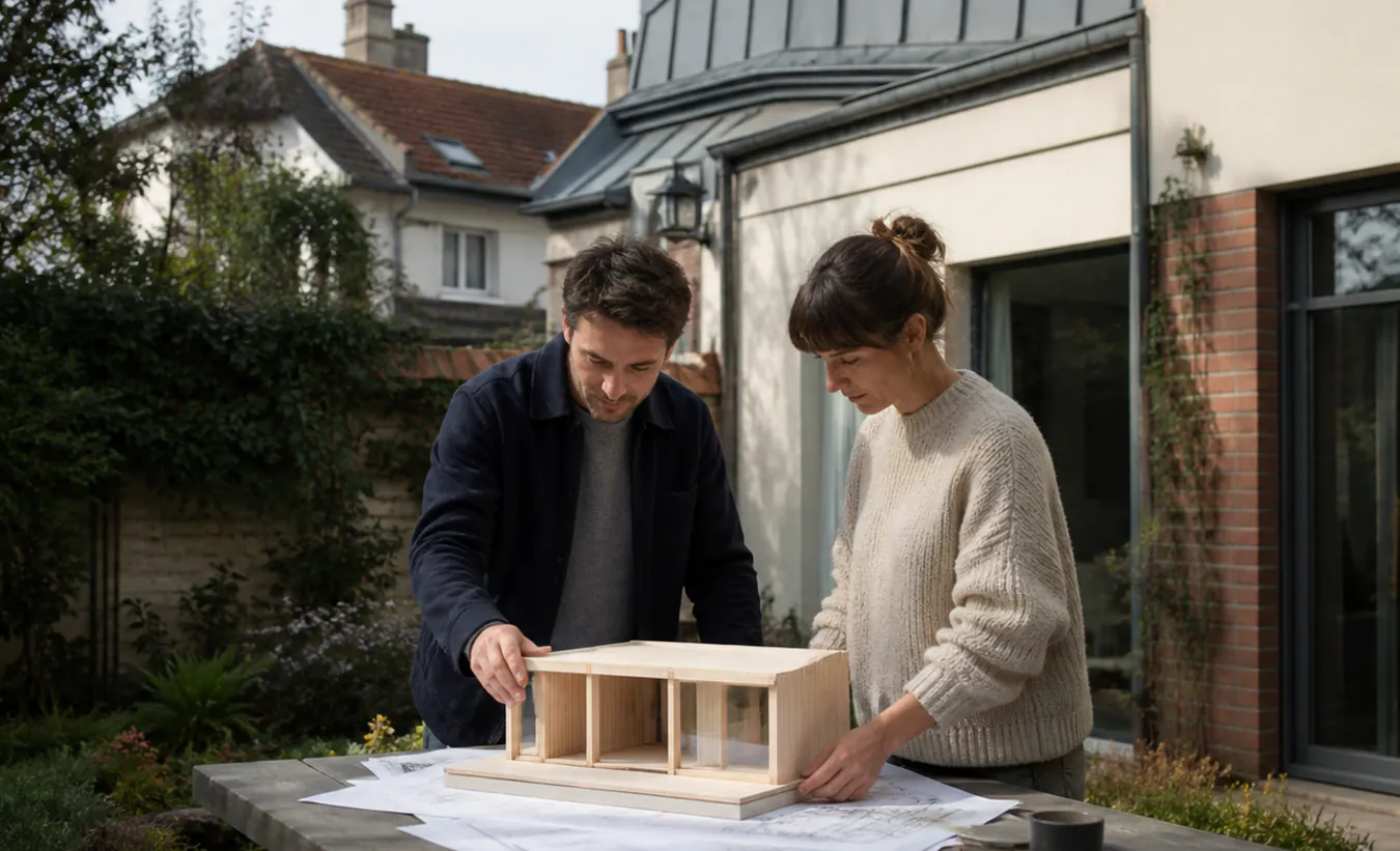 Une architecte et une propriétaire positionnent un abri de jardin près d'une maison francilienne en brique et enduit clair