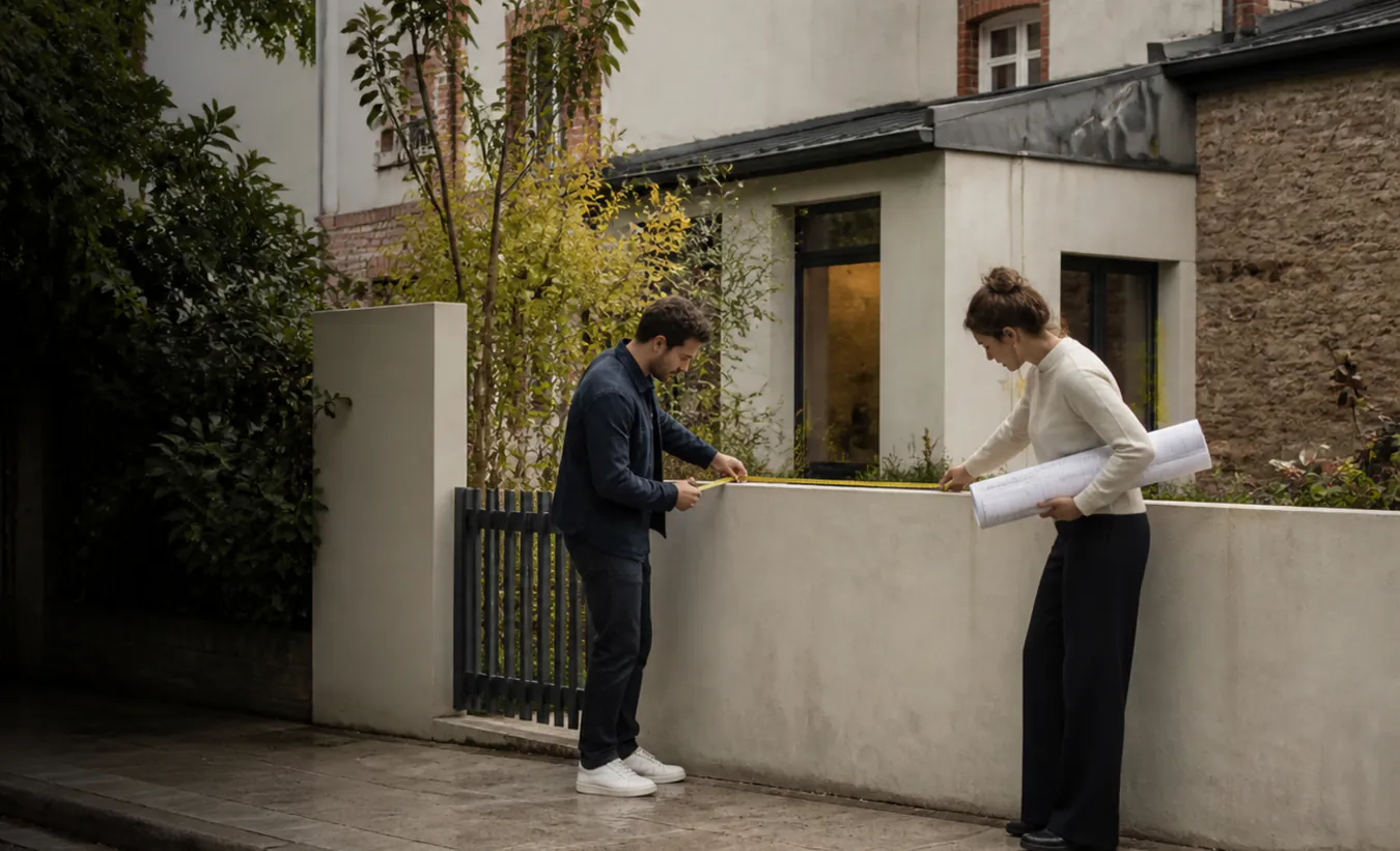 Un architecte et une propriétaire mesurent un projet de clôture devant une maison d'Île-de-France avec un jardin compact