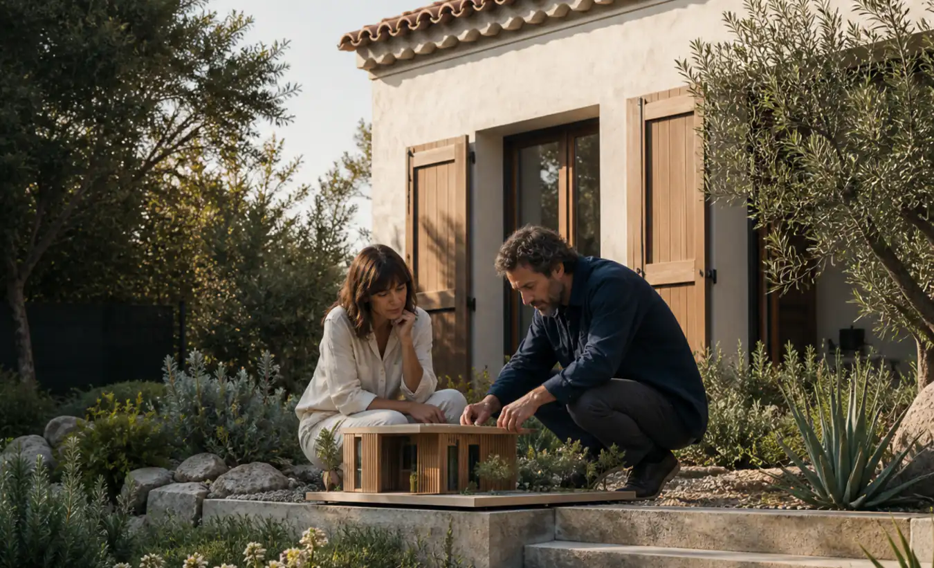 Une architecte et une propriétaire positionnent un abri de jardin près d'une maison méditerranéenne aux tuiles de terre cuite