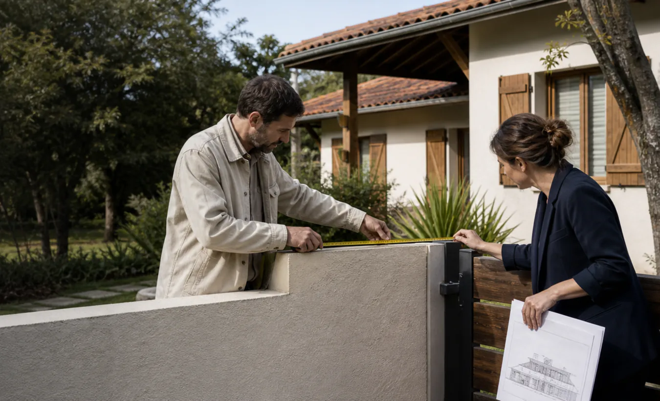 Un architecte et une propriétaire mesurent un projet de clôture devant une maison du sud-ouest aux tuiles de terre cuite