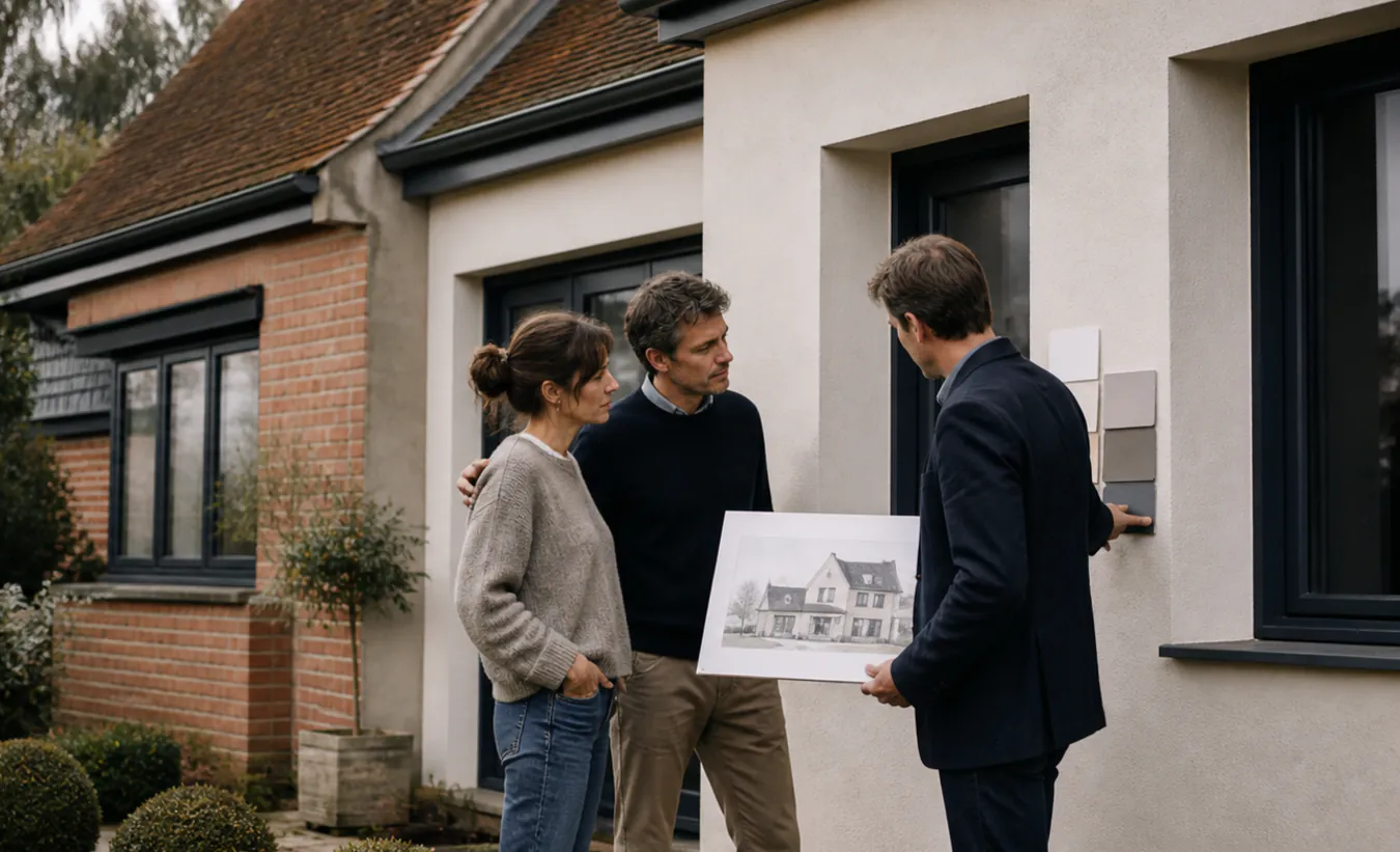 Un architecte et une propriétaire préparent le ravalement d'une maison du nord en brique et enduit clair