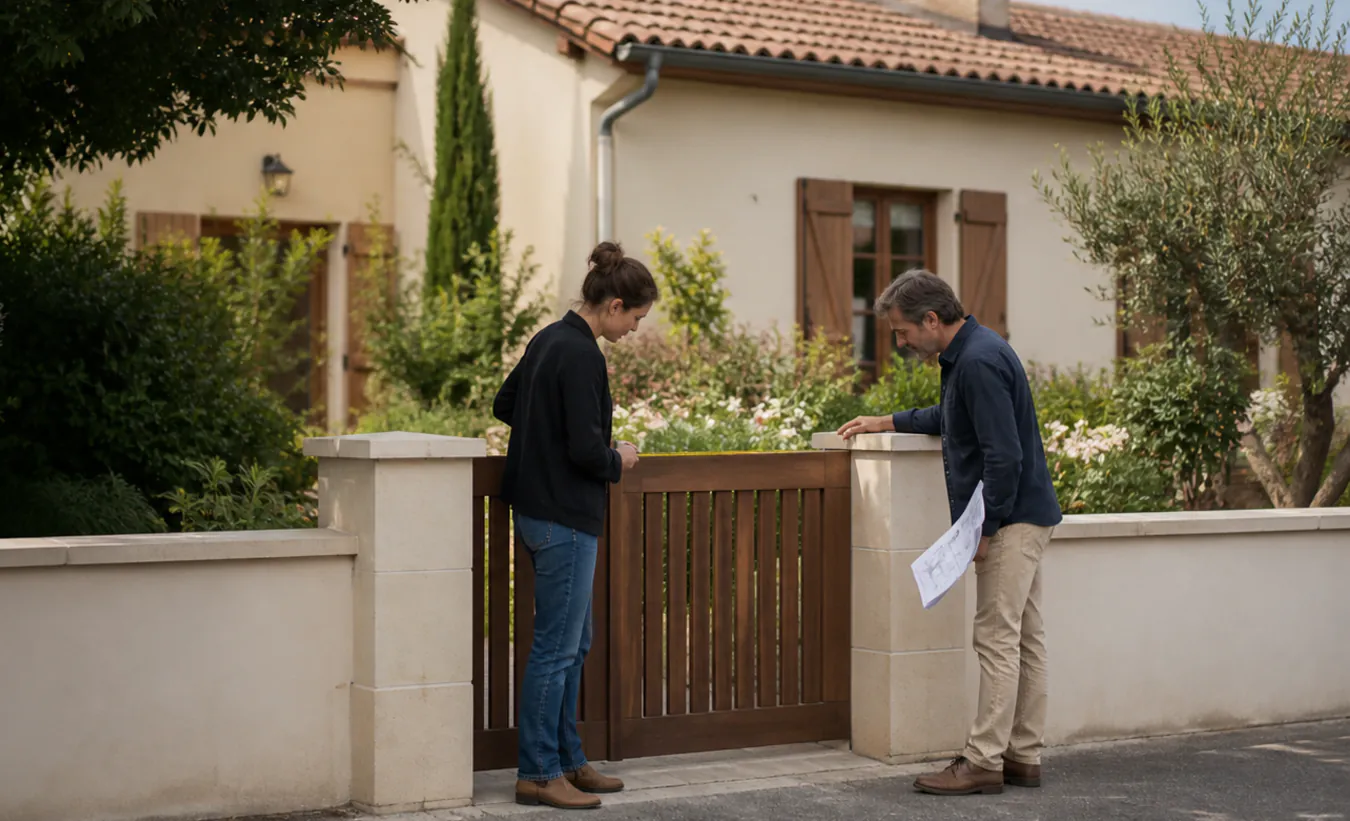 Un architecte et une propriétaire mesurent un projet de clôture devant une maison du sud-ouest aux tuiles de terre cuite