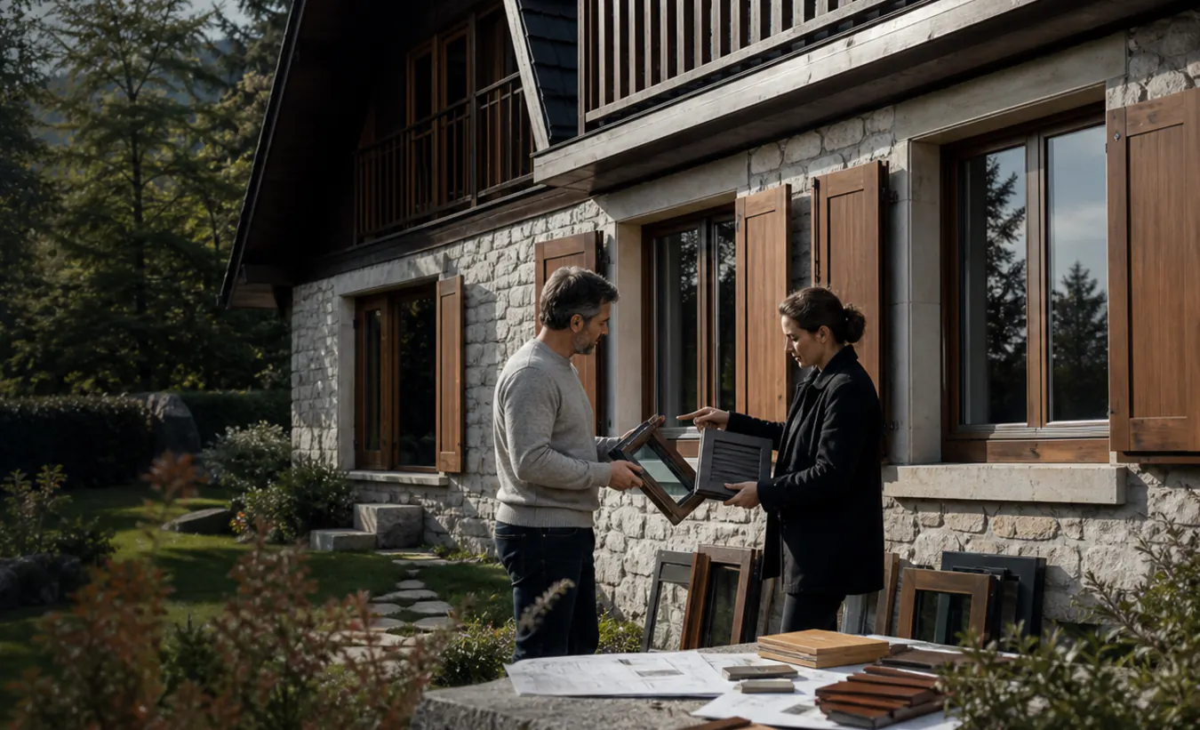 Un architecte et un propriétaire comparent des menuiseries devant une maison de montagne au toit fortement pentu