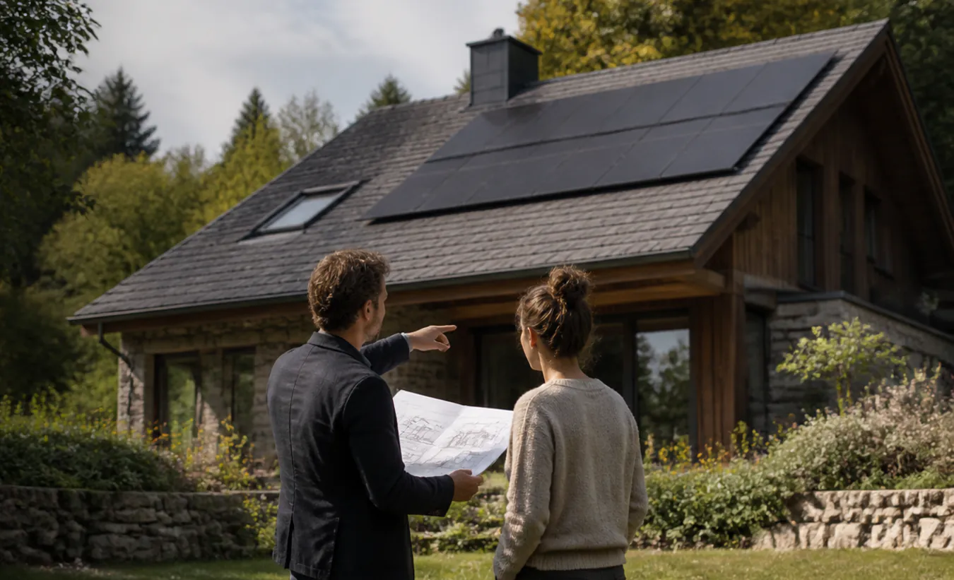 Un architecte et une propriétaire vérifient des panneaux solaires sur une maison des Alpes ou du Jura en pierre et bois
