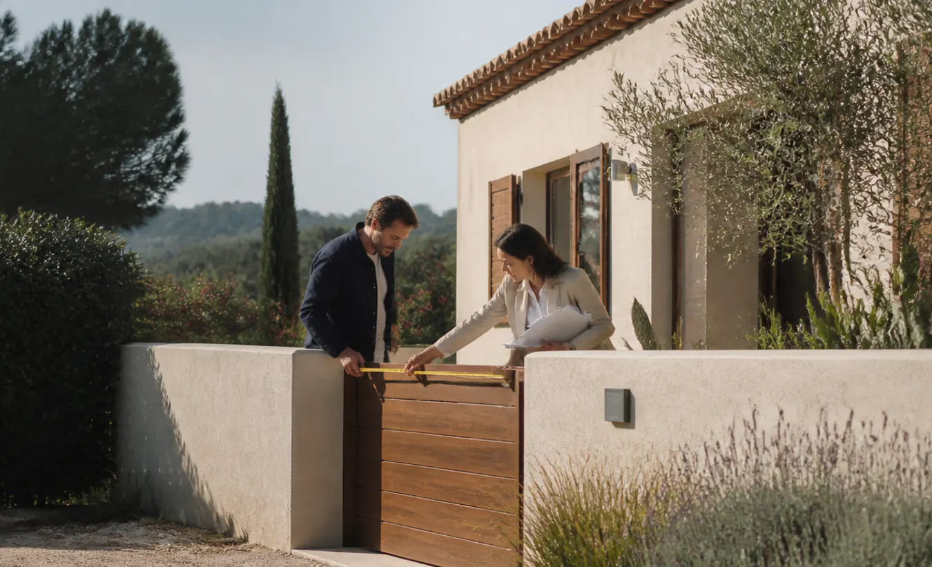 Un architecte et une propriétaire mesurent un projet de clôture devant une maison du sud de la France au jardin minéral