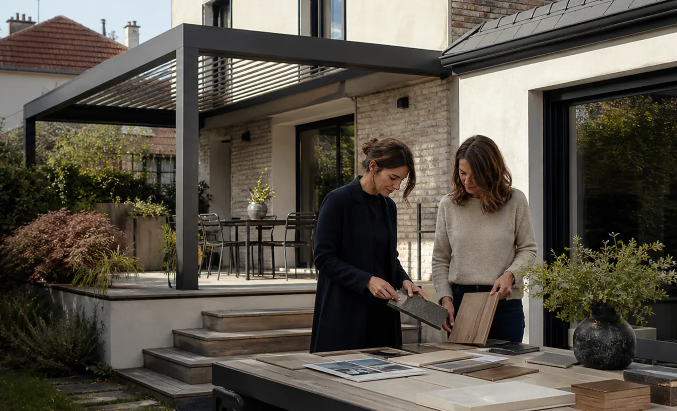Une architecte et un propriétaire examinent une terrasse avec pergola devant une maison francilienne en brique et enduit clair