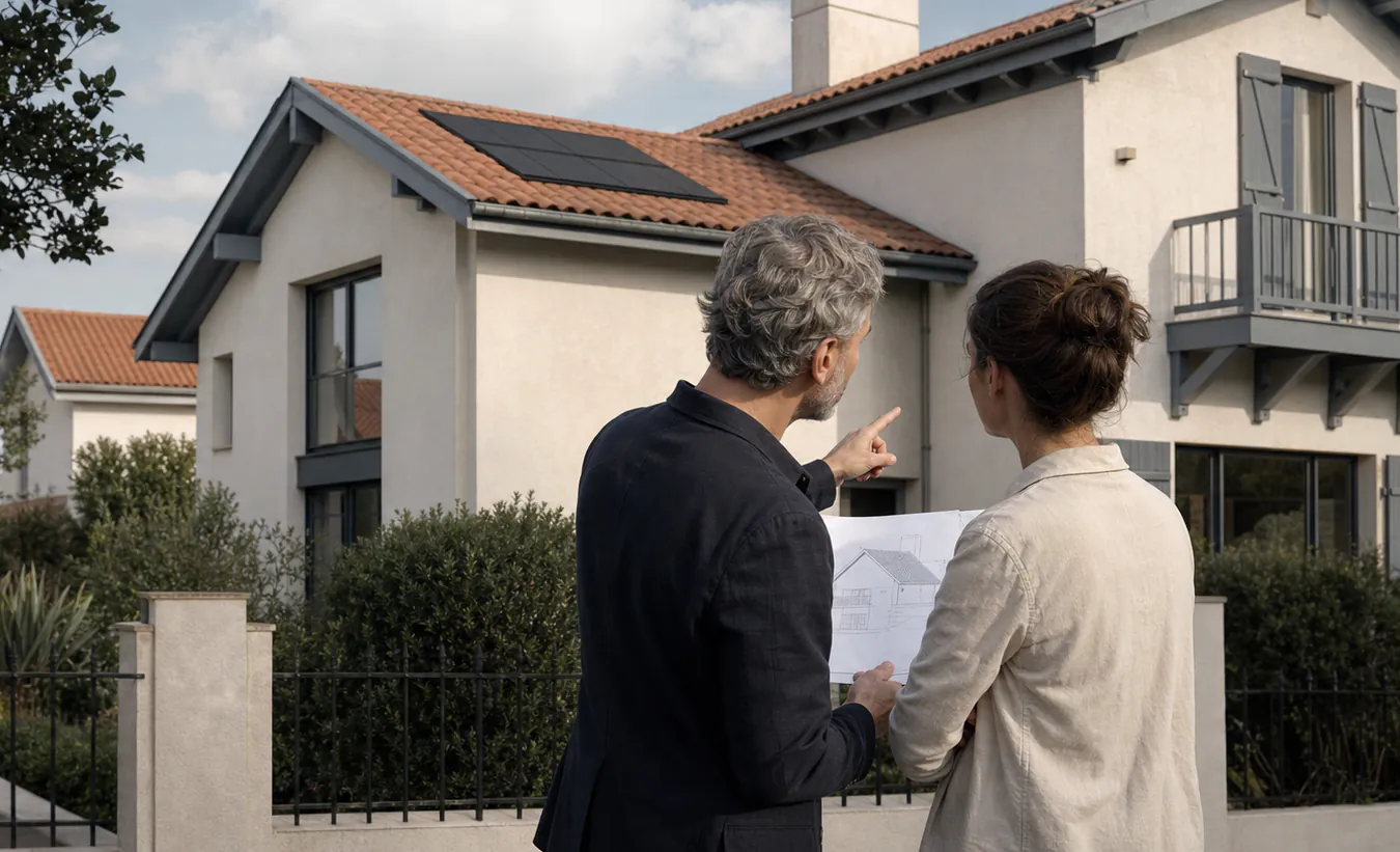 Une architecte présente un plan devant une villa enduite à toiture de tuiles rouges