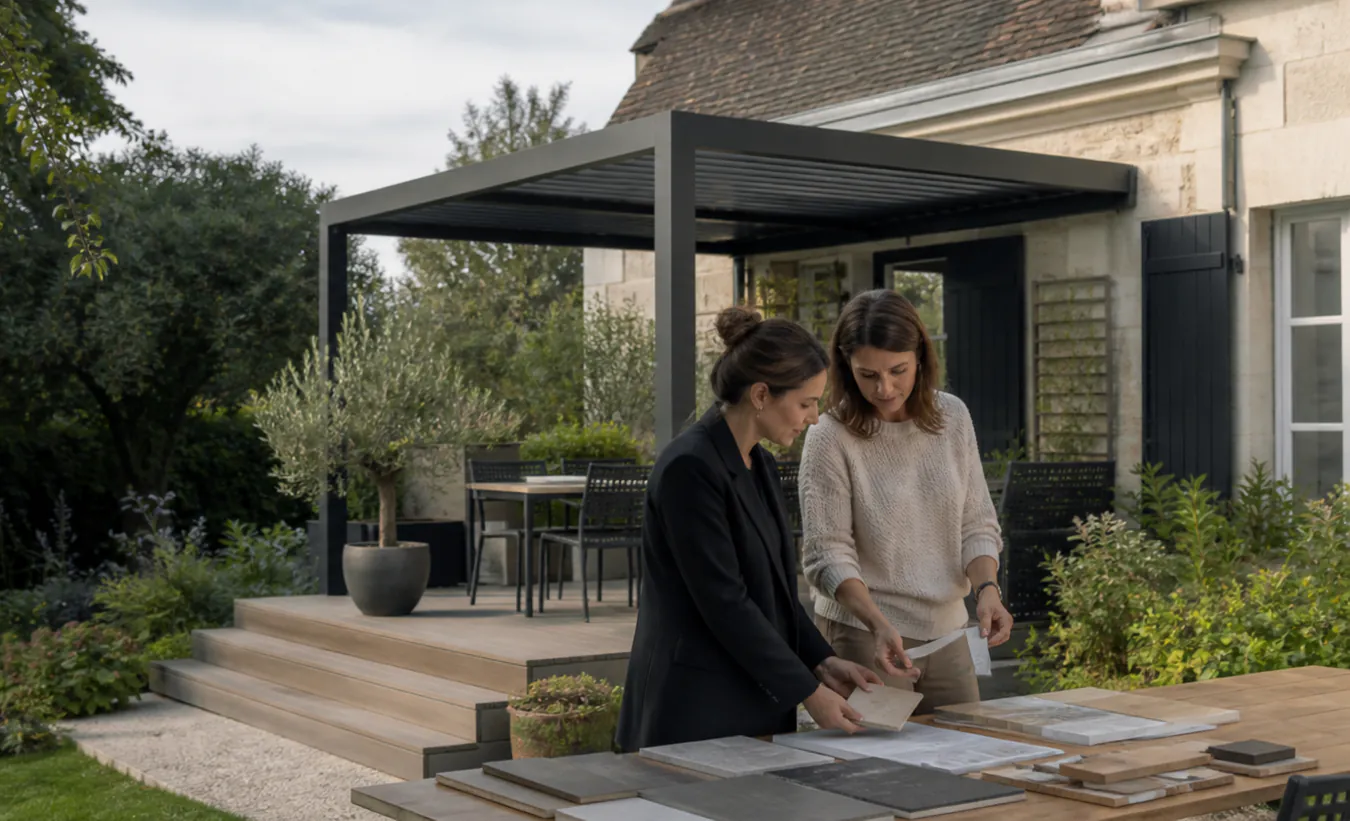 Une architecte et un propriétaire examinent une terrasse avec pergola devant une maison de l'intérieur de la France en pierre et enduit clair