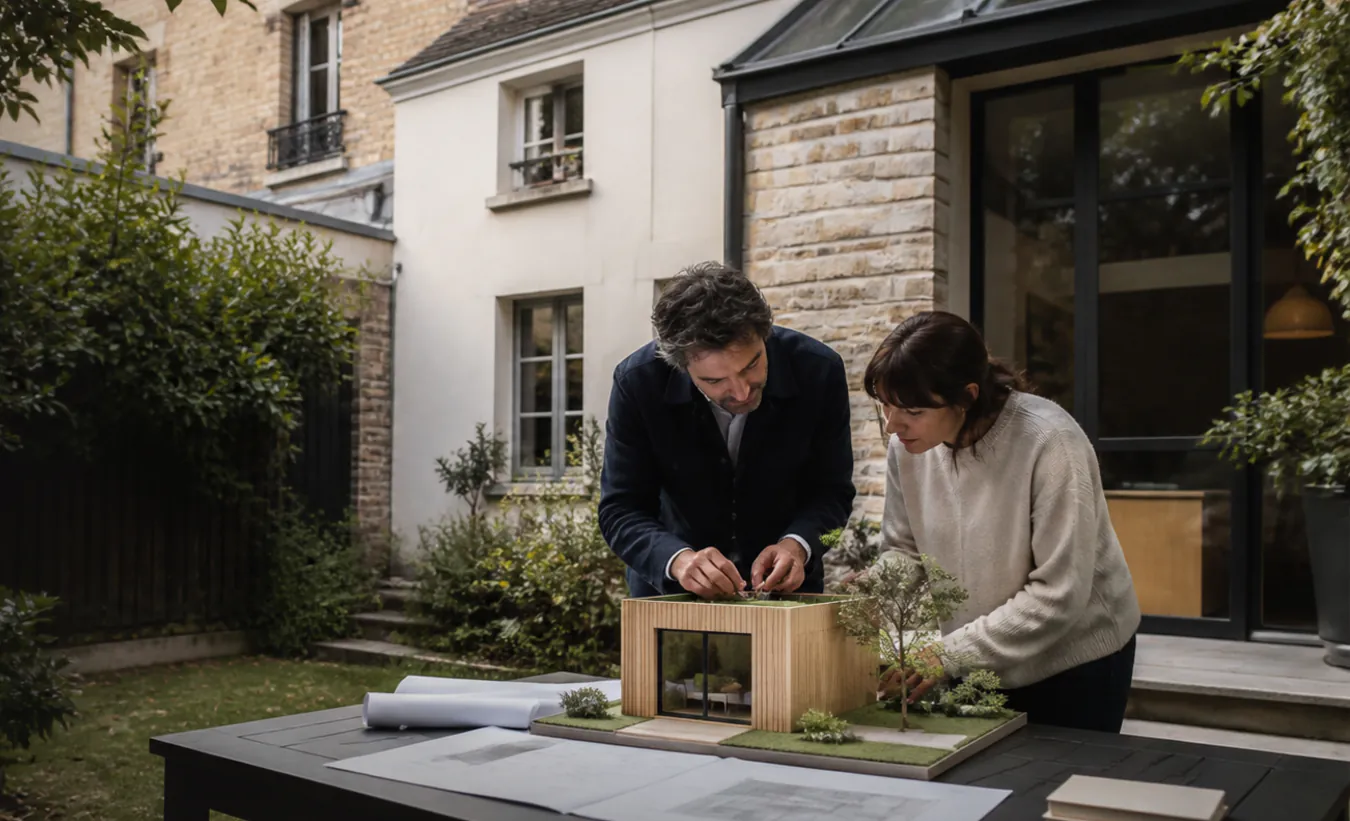 Une architecte et une propriétaire positionnent un abri de jardin près d'une maison d'Île-de-France avec un jardin compact