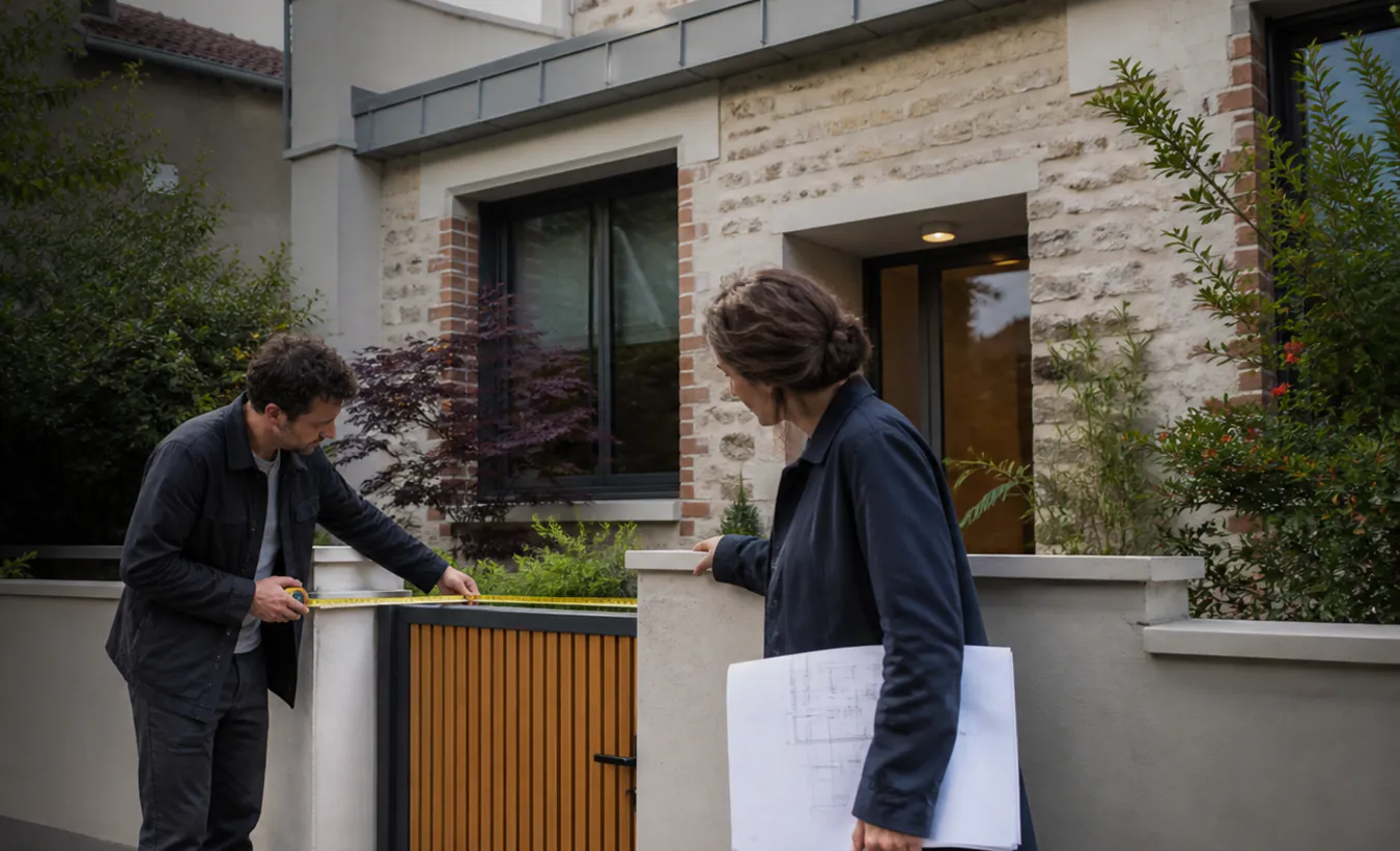 Un architecte et une propriétaire mesurent un projet de clôture devant une maison d'Île-de-France avec un jardin compact