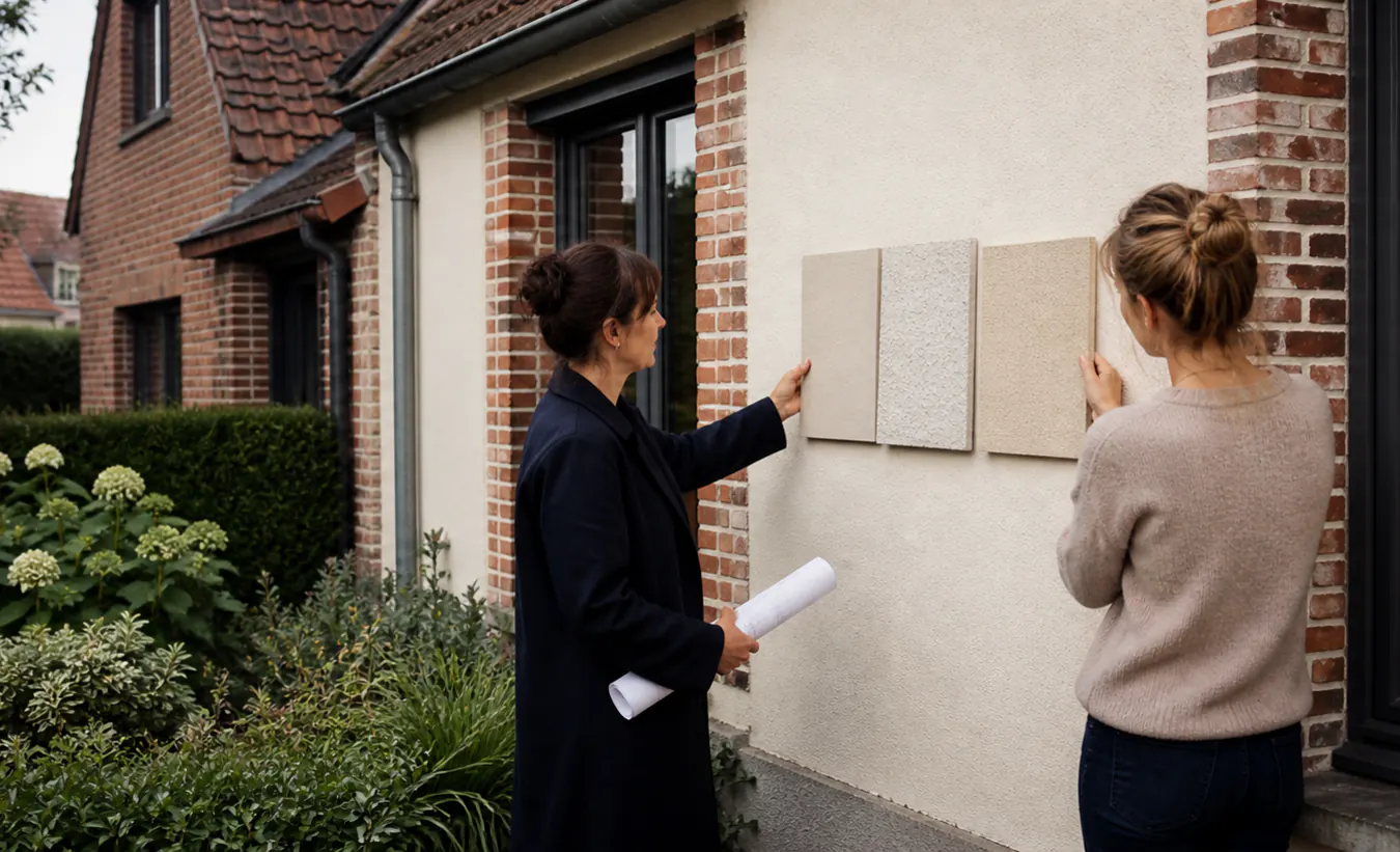 Une architecte et une propriétaire comparent des matériaux de façade devant une maison du nord en brique et enduit clair