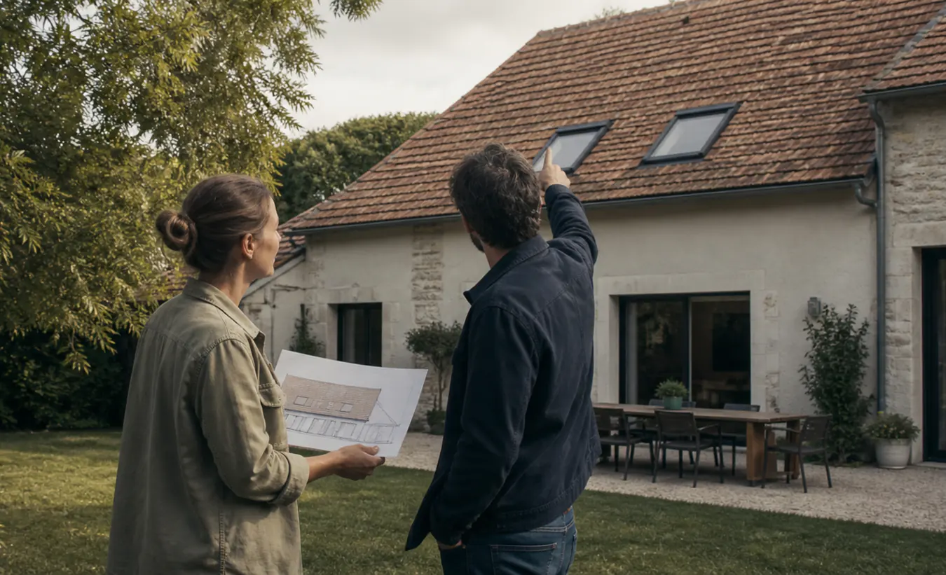 Un architecte et un propriétaire étudient deux fenêtres de toit sur une maison de l'intérieur de la France en pierre et enduit clair