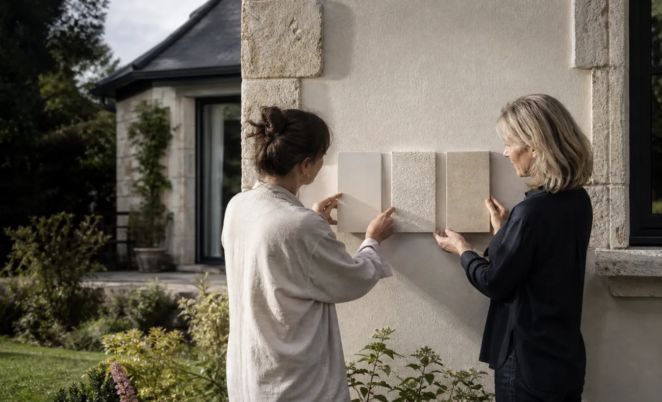 Une architecte et une propriétaire comparent des matériaux de façade devant une maison de l'intérieur de la France en pierre et enduit clair