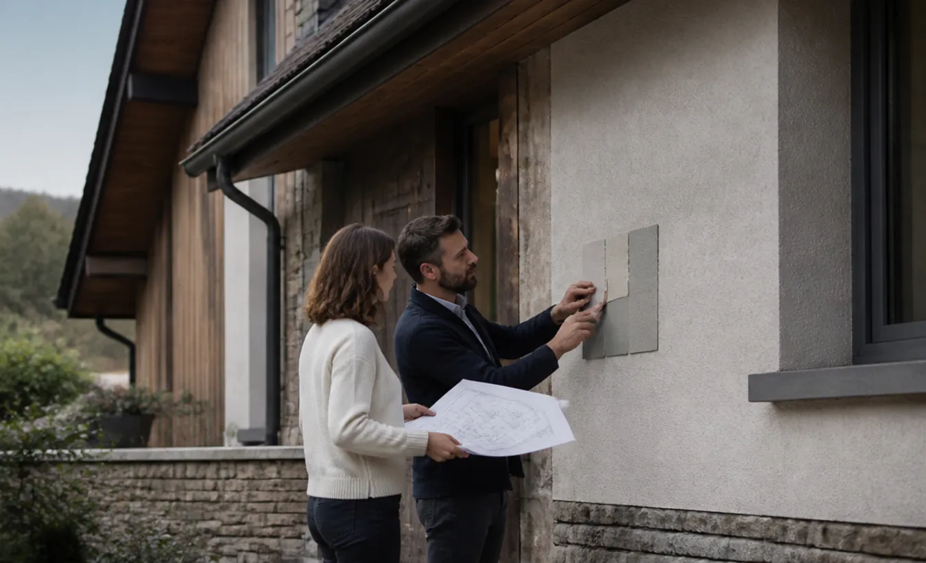 Un architecte et une propriétaire préparent le ravalement d'une maison de montagne au toit fortement pentu