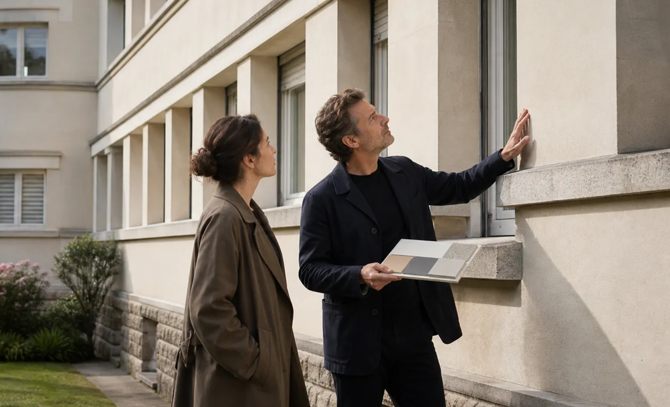 Deux professionnels examinent les teintes d'une façade résidentielle de la Reconstruction