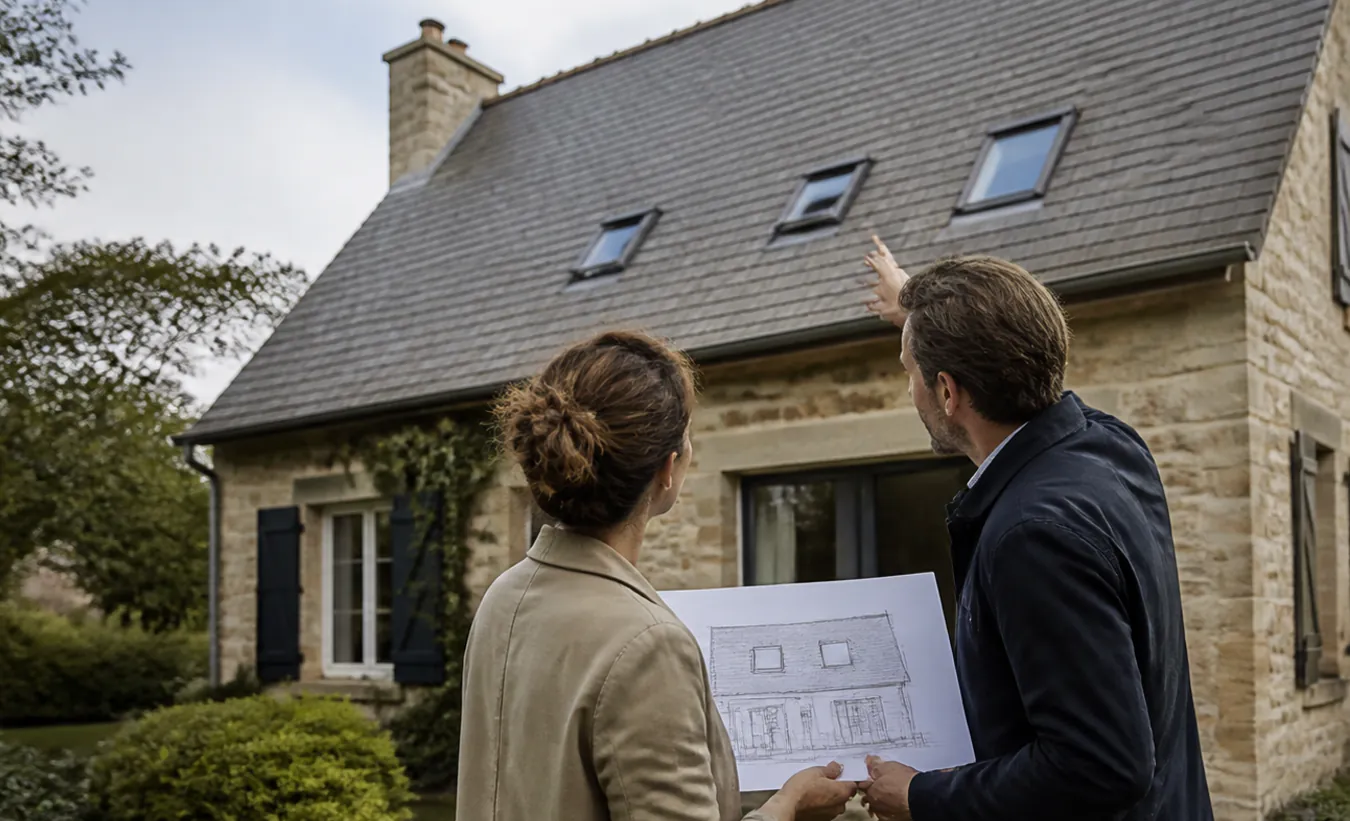 Un architecte et un propriétaire étudient deux fenêtres de toit sur une maison de l'intérieur de la France en pierre et enduit clair