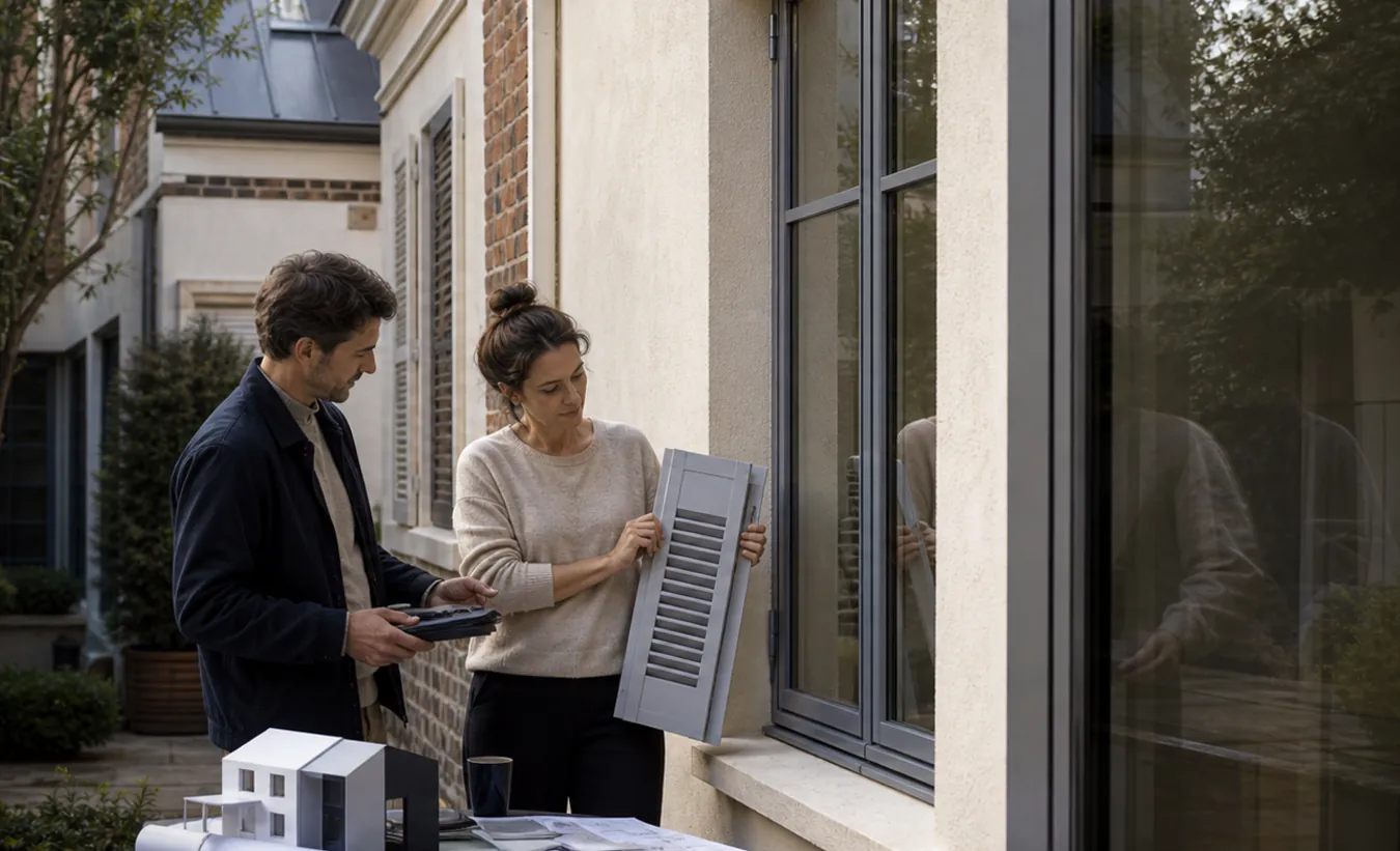 Un architecte et un propriétaire comparent des menuiseries devant une maison d'Île-de-France avec un jardin compact