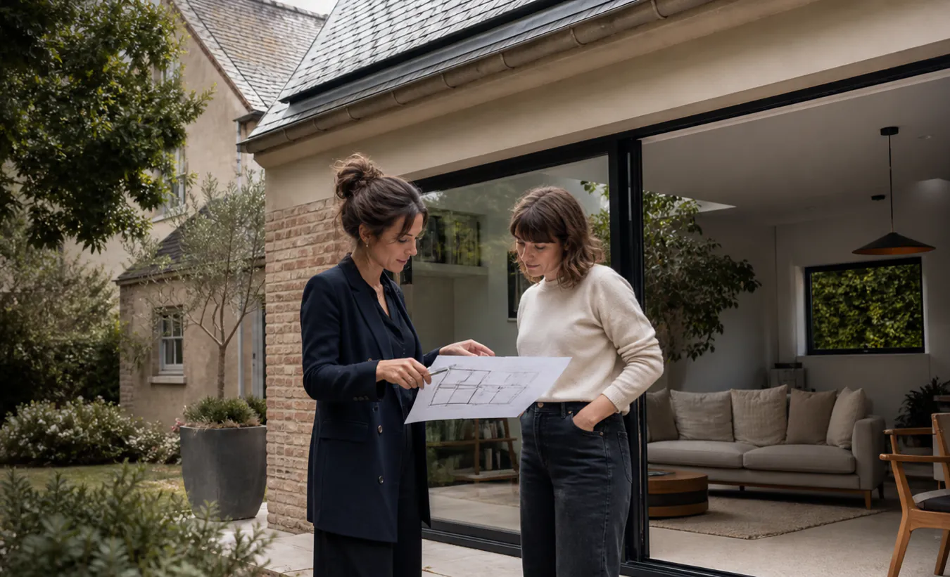 Une architecte et une propriétaire examinent la transformation d'un garage d'une maison du nord de la France au toit pentu