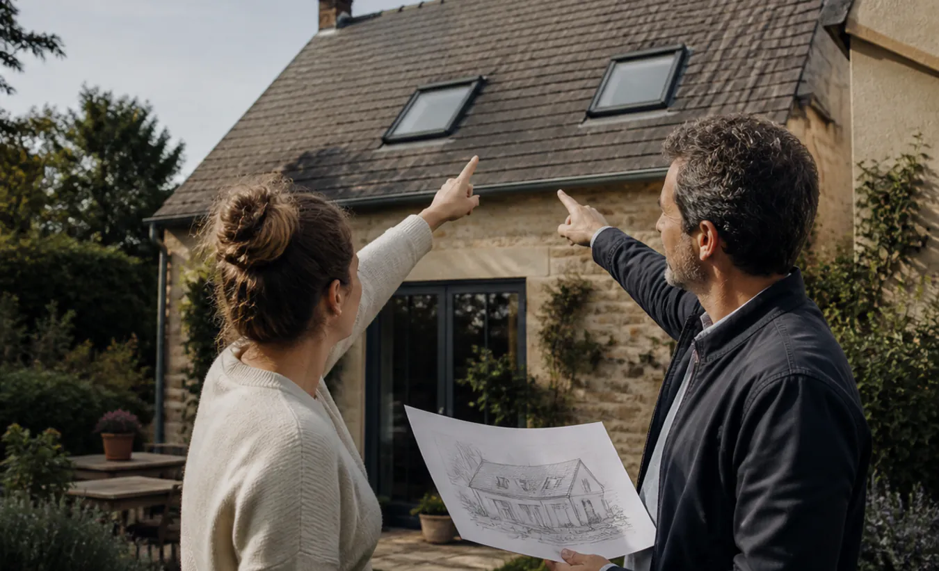 Un architecte et un propriétaire étudient deux fenêtres de toit sur une maison de l'intérieur de la France en pierre et enduit clair