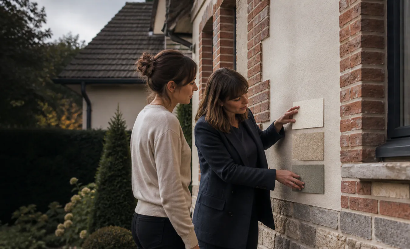 Une architecte et une propriétaire comparent des matériaux de façade devant une maison du nord de la France au toit pentu