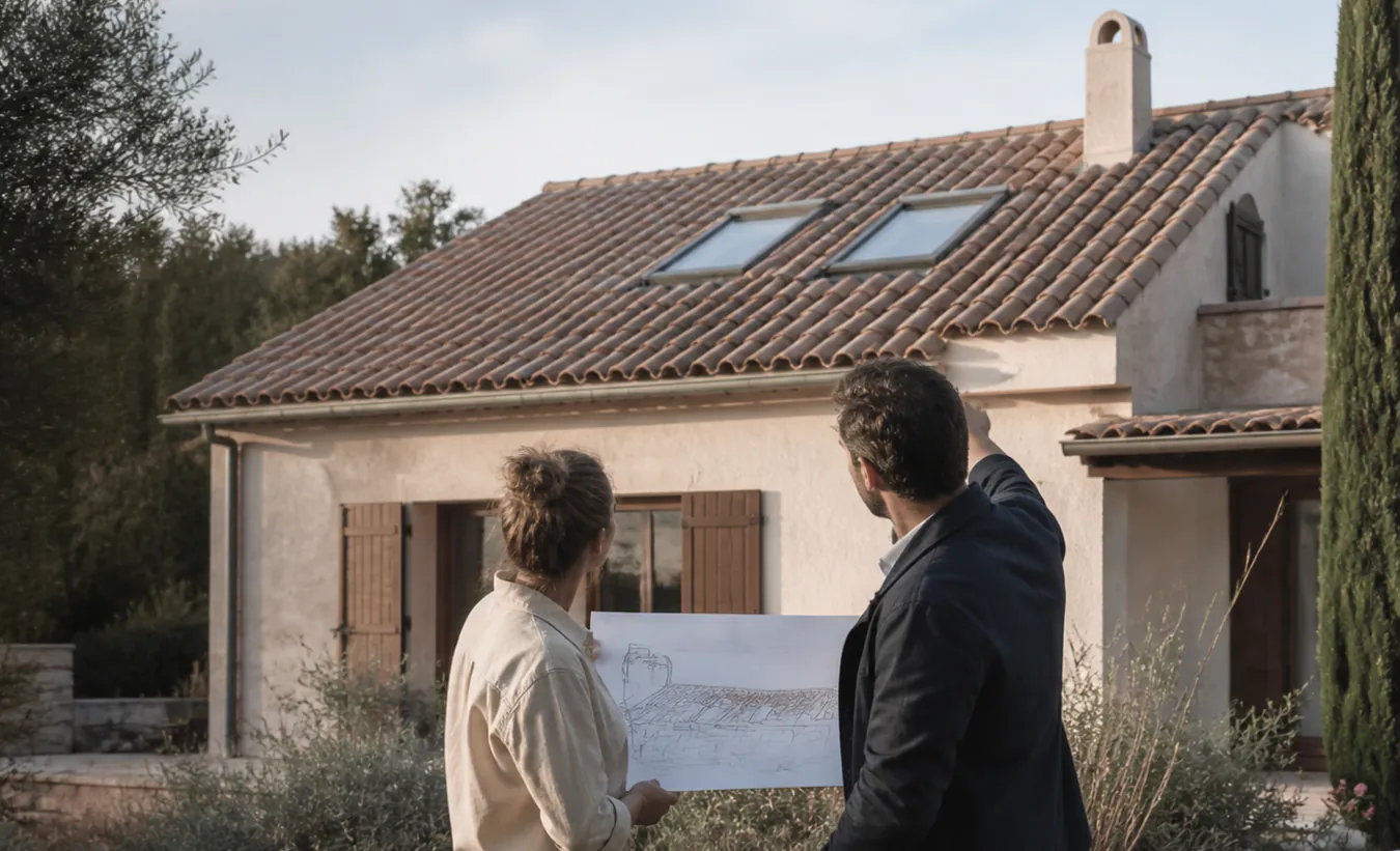 Un architecte et un propriétaire étudient deux fenêtres de toit sur une maison du sud de la France au jardin minéral