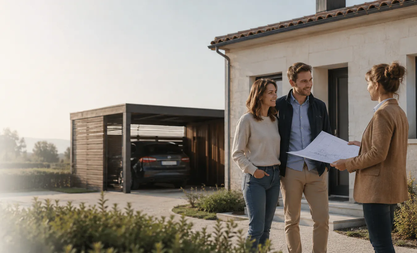 Un carport en bois abritant une voiture devant une maison, commenté plans à la main