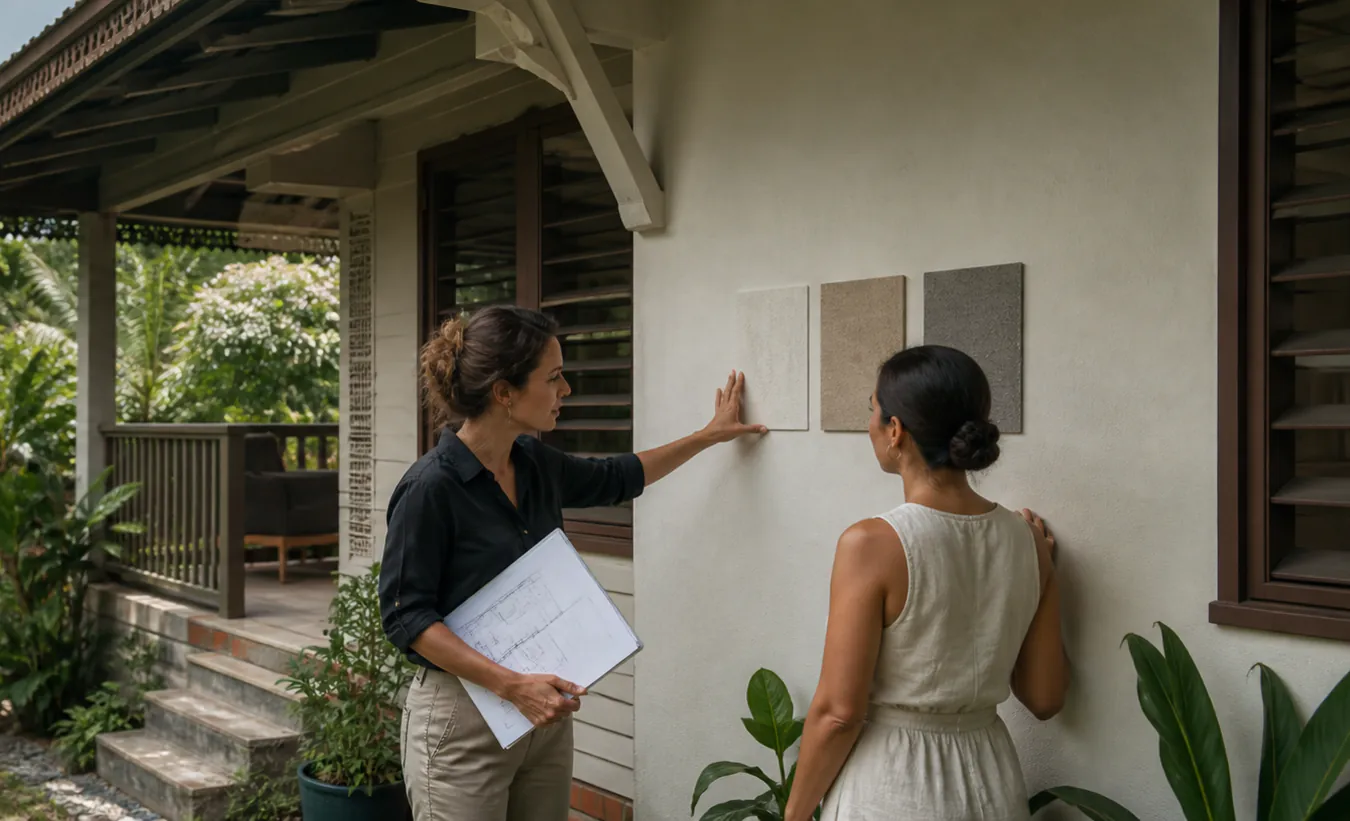 Une architecte et une propriétaire comparent des matériaux de façade devant une maison tropicale entourée de végétation guyanaise