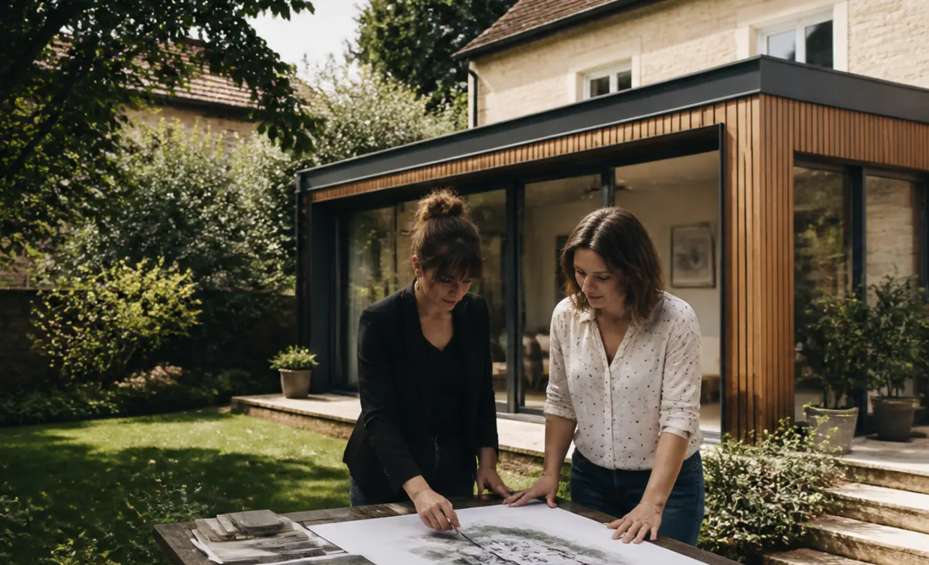 Une architecte et une propriétaire examinent une extension de maison de l'intérieur de la France en pierre et enduit clair